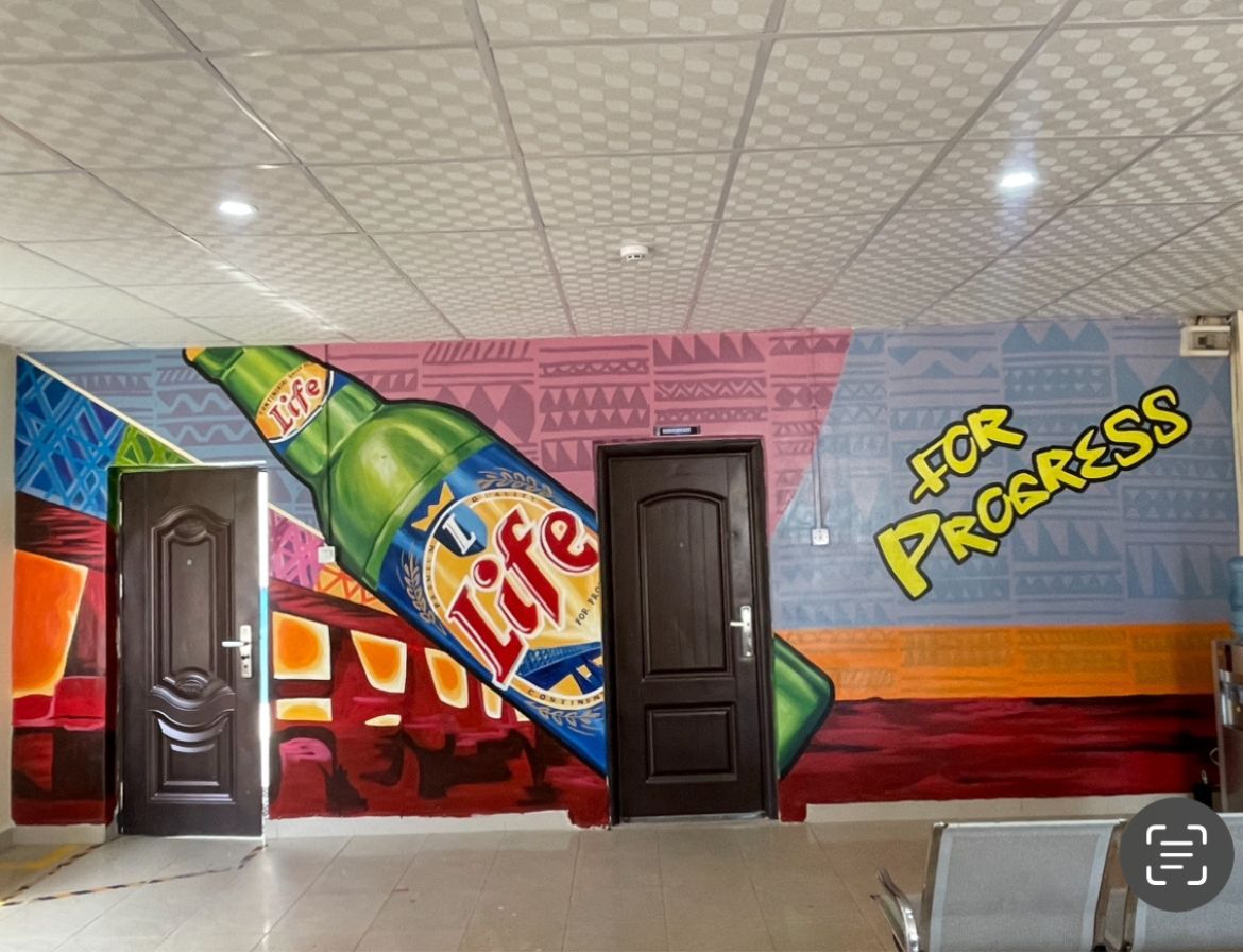 Colorful Mural of Life Beer Bottle and "For Progress" Slogan by Cedar Creative Art