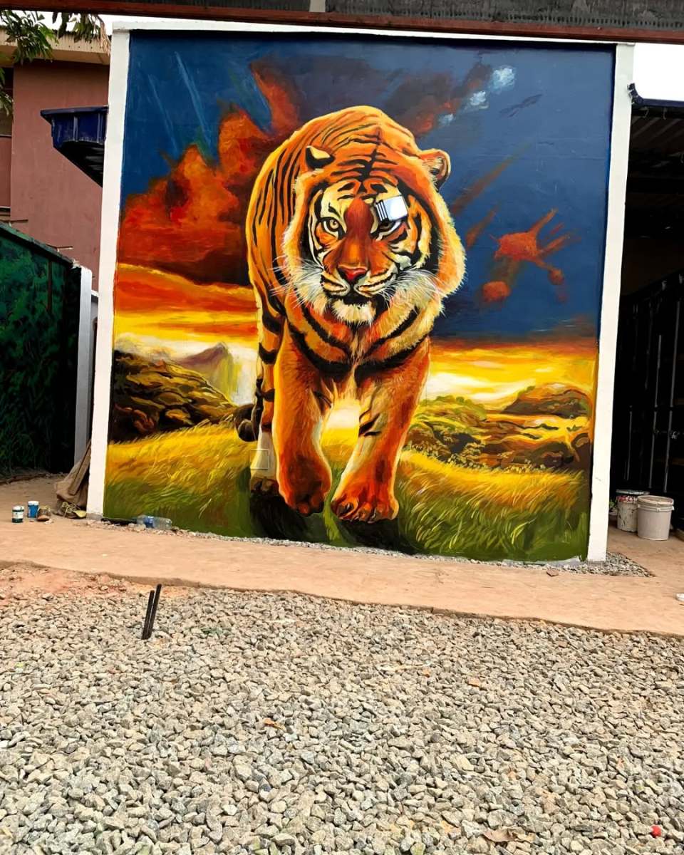Mural of a Large Tiger on Grassland