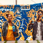 Vibrant street mural by Cedar Creative Art showing a stylish young woman and man holding Tiger drinks, painted with bold blue, orange, and graffiti patterns.